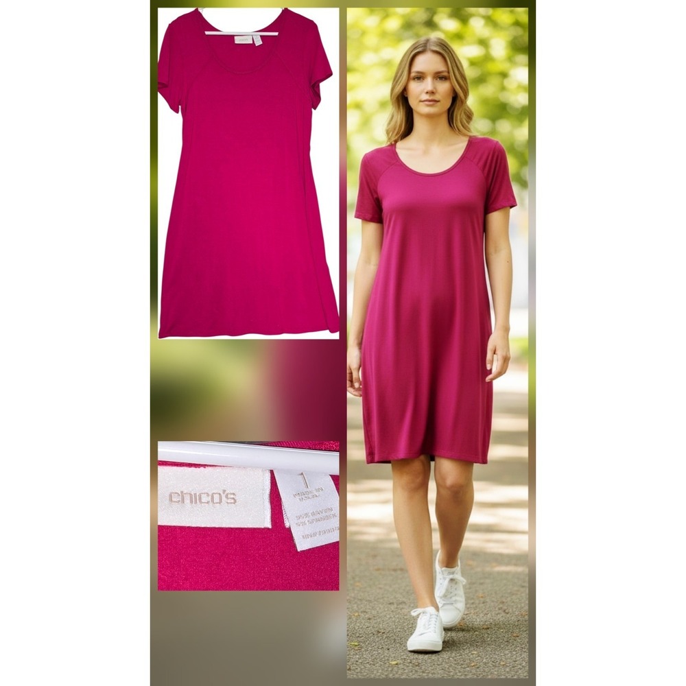 Chico's Pink Barbiecore A Line Swing T-Shirt Dress Size Med 1 Rayon Knit Stretch